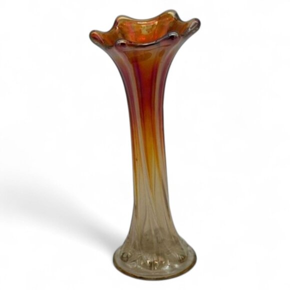 Antique Carnival Glass Bud Vase Iridescent Marigold 7.5" Tall Swirl Design - Picture 3 of 5